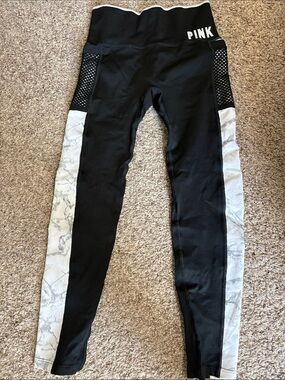 PINK Victoria's Secret Black Leggings with White Ribbed Waistband